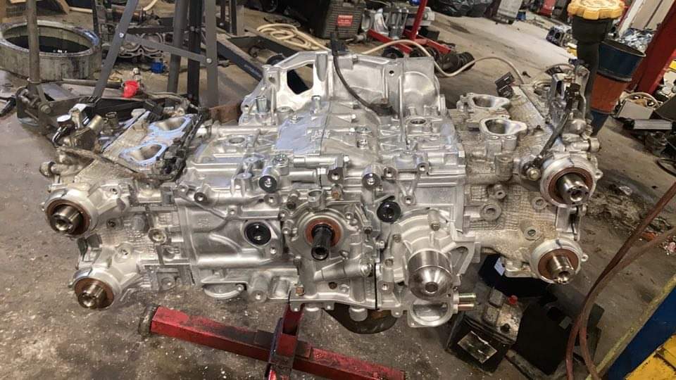 Boxer engine on a stand in the shop